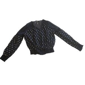 Free‎ People Blouse Womens Med Navy Blue Polka Dot Smocked Waist Balloon Sleeve